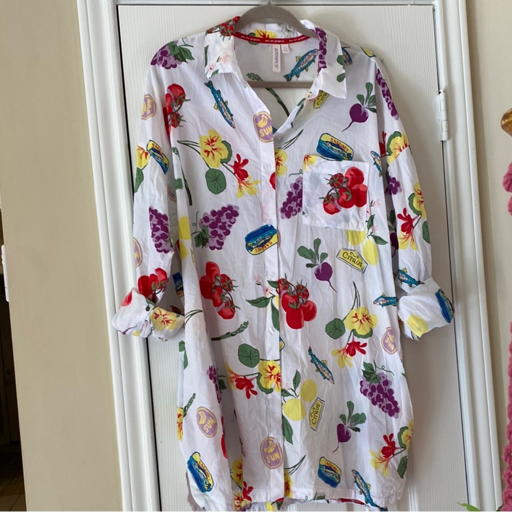 Colorful Floral and Fruit Print Shirtdress with pockets size XL